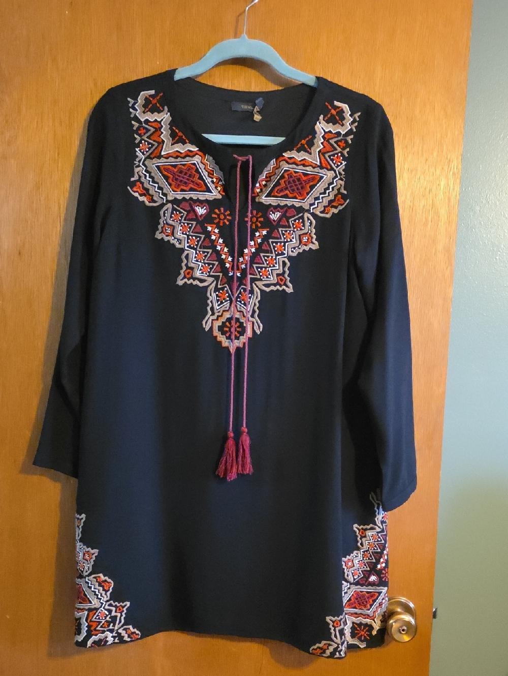 THML Black Long-Sleeve Tunic Dress with Multicolor Embroidery